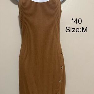 Brown Ribbed Button-Accent Slip Dress